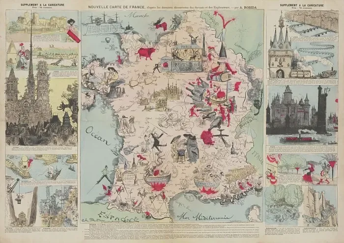 Framed Print : New Map of France, After the Latest Discoveries of the Scientists and Explorers, 1882. Creator: Robida, Albert (1848-1926) Framed Print : New Map of France, After the Latest Discoveries of the Scientists and Explorers, 1882. Creator: Robida, Albert (1848-1926)
