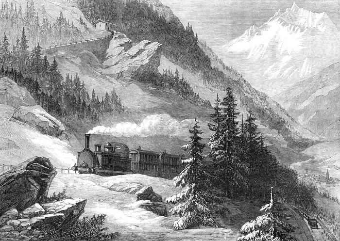 Framed Print : The new overland route to India: Mont Cenis Railway - ascent from Lanslebourg, 1869. Creator: Unknown Framed Print : The new overland route to India: Mont Cenis Railway - ascent from Lanslebourg, 1869. Creator: Unknown