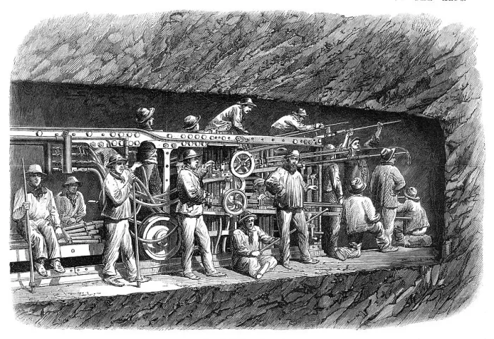 Framed Print : The new overland route to India and the railway tunnel of the Alps: boring-machine... 1869. Creator: Unknown Framed Print : The new overland route to India and the railway tunnel of the Alps: boring-machine... 1869. Creator: Unknown