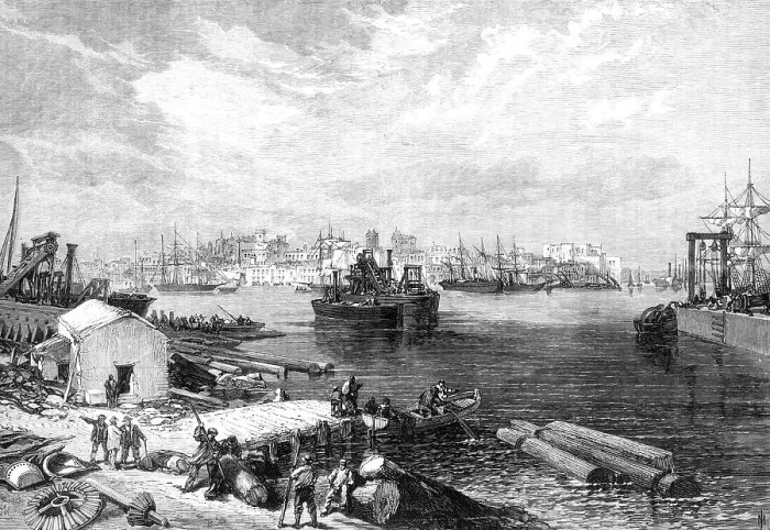 Framed Print : The new overland route to India: town and port of Brindisi, 1869. Creator: Unknown Framed Print : The new overland route to India: town and port of Brindisi, 1869. Creator: Unknown