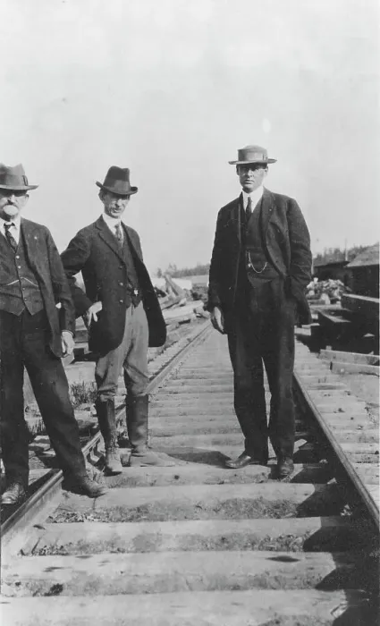 Framed Print : At the new railroad left to right are: Mr. Edes, Frank G. Carpenter... between c1900 and 1916. Creator: Unknown Framed Print : At the new railroad left to right are: Mr. Edes, Frank G. Carpenter... between c1900 and 1916. Creator: Unknown