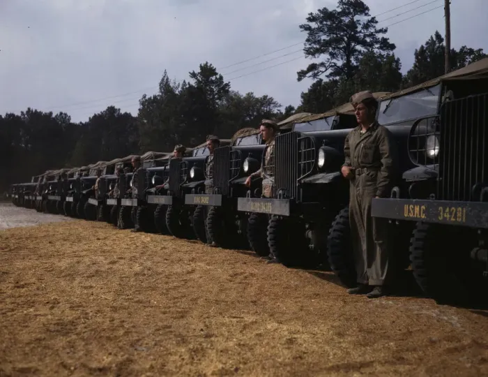 Framed Print : New River Marine Base, motor detachment, Jacksonville, North Carolina, 1942. Creator: Alfred T Palmer Framed Print : New River Marine Base, motor detachment, Jacksonville, North Carolina, 1942. Creator: Alfred T Palmer
