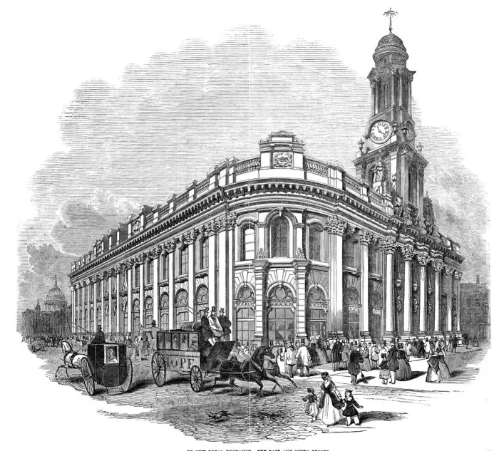 Framed Print : The new Royal Exchange - the east and south fronts, 1844. Creator: Unknown Framed Print : The new Royal Exchange - the east and south fronts, 1844. Creator: Unknown