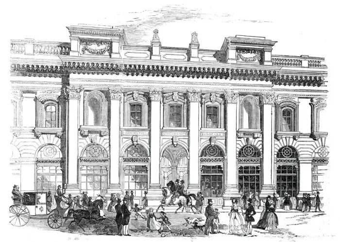 Framed Print : The new Royal Exchange - the north entrance, 1844. Creator: Unknown