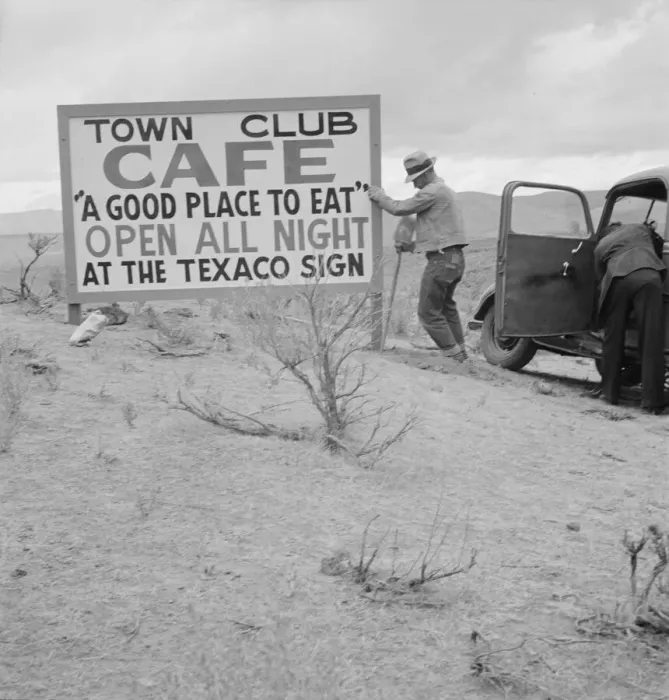 Framed Print : New sign along highway advertises a new enterprise in... Town of Maupin, Oregon, 1939. Creator: Dorothea Lange Framed Print : New sign along highway advertises a new enterprise in... Town of Maupin, Oregon, 1939. Creator: Dorothea Lange