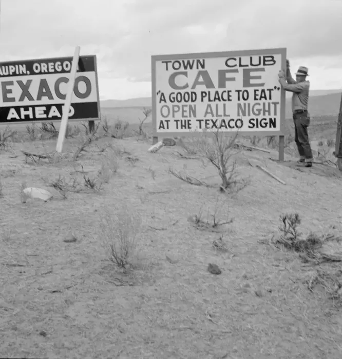 Framed Print : New sign along highway advertises a new enterprise in... Town of Maupin, Oregon, 1939. Creator: Dorothea Lange Framed Print : New sign along highway advertises a new enterprise in... Town of Maupin, Oregon, 1939. Creator: Dorothea Lange