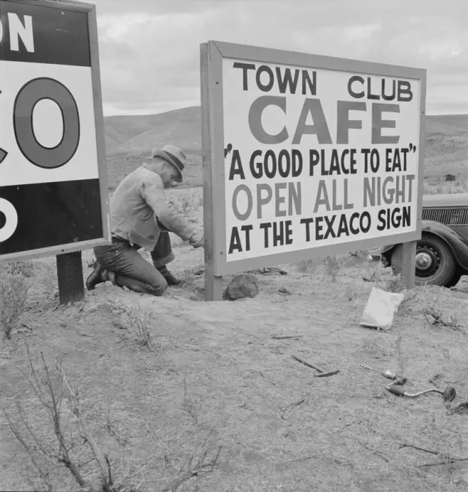 Framed Print : New sign along highway advertises a new enterprise in the lonely town of Maupin, Oregon, 1939. Creator: Dorothea Lange Framed Print : New sign along highway advertises a new enterprise in the lonely town of Maupin, Oregon, 1939. Creator: Dorothea Lange