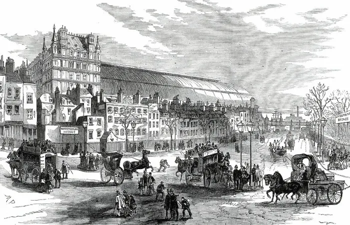 Framed Print : The New Street on the site of Northumberland House: view from Charing-Cross, 1876. Creator: M. P