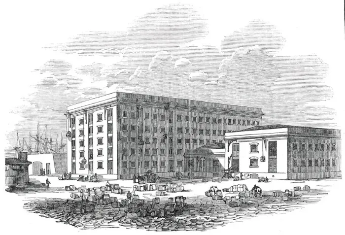 Framed Print : The new tea warehouses, London Docks, 1845. Creator: Unknown Framed Print : The new tea warehouses, London Docks, 1845. Creator: Unknown