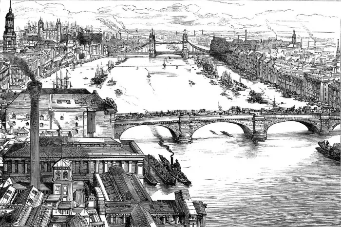 Framed Print : The New Tower Bridge, birds eye view, 1886. Creator: Unknown Framed Print : The New Tower Bridge, birds eye view, 1886. Creator: Unknown