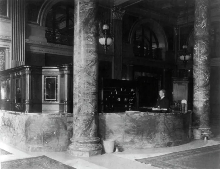 Framed Print : The new Willard Hotel, Washington, D.C. - registration counter, between 1890 and 1950. Creator: Frances Benjamin Johnston Framed Print : The new Willard Hotel, Washington, D.C. - registration counter, between 1890 and 1950. Creator: Frances Benjamin Johnston