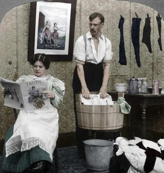 Framed Print : The New Woman, Wash Day. Artist: American Stereoscopic Company Framed Print : The New Woman, Wash Day. Artist: American Stereoscopic Company