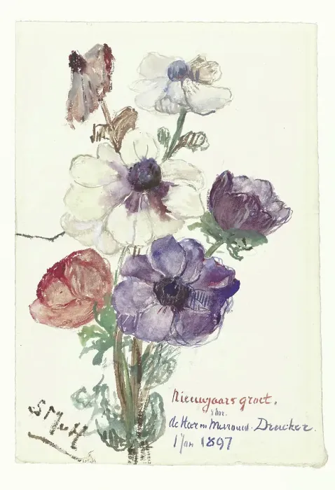 Framed Print : New Year greeting with anemones, 1896-1897. Creator: Sina Mesdag van Houten Framed Print : New Year greeting with anemones, 1896-1897. Creator: Sina Mesdag van Houten