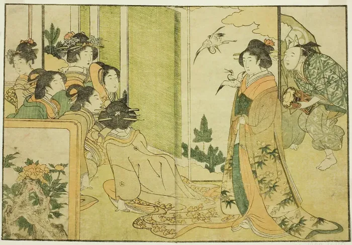 Framed Print : New Year Manzai Performance at a Feudal Lord's Mansion, from the illustrated book Picture... 1801. Creator: Kitagawa Utamaro. New Year Manzai Performance at a Feudal Lord's Mansion, from the illustrated book Picture... 1801 Framed Print : New Year Manzai Performance at a Feudal Lord's Mansion, from the illustrated book Picture... 1801. Creator: Kitagawa Utamaro. New Year Manzai Performance at a Feudal Lord's Mansion, from the illustrated book Picture... 1801