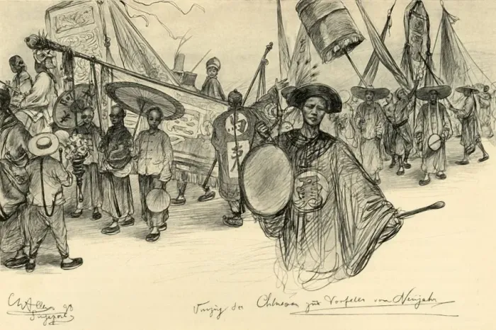Framed Print : New Year parade, Singapore, 1898. Creator: Christian Wilhelm Allers