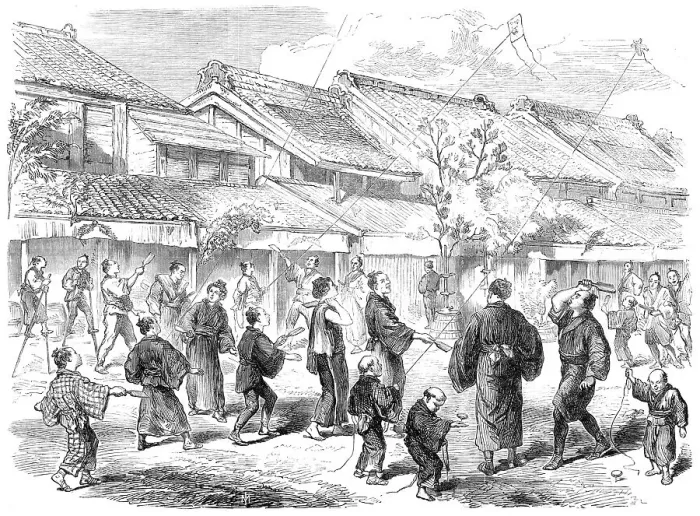 Framed Print : New-Year's Day in Japan - game of battledore and shuttlecock in the streets of Yokohama, 1865. Creator: Unknown Framed Print : New-Year's Day in Japan - game of battledore and shuttlecock in the streets of Yokohama, 1865. Creator: Unknown