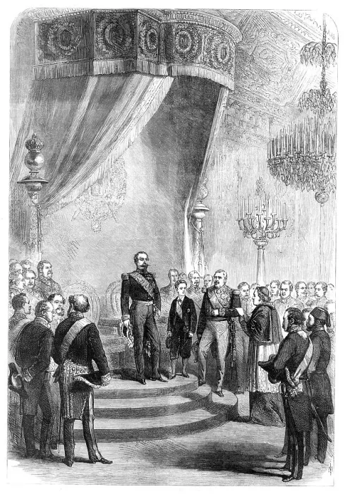 Framed Print : New-Year's Day at the Tuileries: the Papal Nuncio congratulating the Emperor, 1869. Creator: Unknown Framed Print : New-Year's Day at the Tuileries: the Papal Nuncio congratulating the Emperor, 1869. Creator: Unknown
