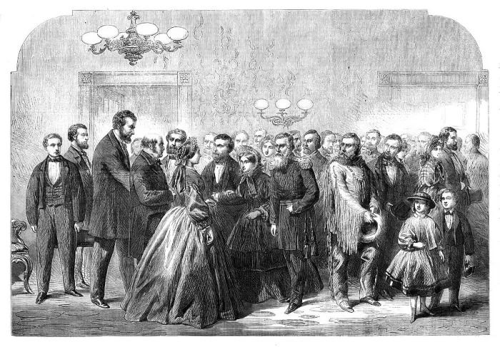 Framed Print : New Year's Reception at the White House, Washington - from a sketch by our special artist, 1862. Creator: Unknown Framed Print : New Year's Reception at the White House, Washington - from a sketch by our special artist, 1862. Creator: Unknown