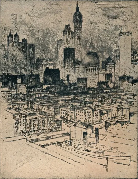 Framed Print : New York From Brooklyn Bridge, c1908. Artist: Joseph Pennell Framed Print : New York From Brooklyn Bridge, c1908. Artist: Joseph Pennell