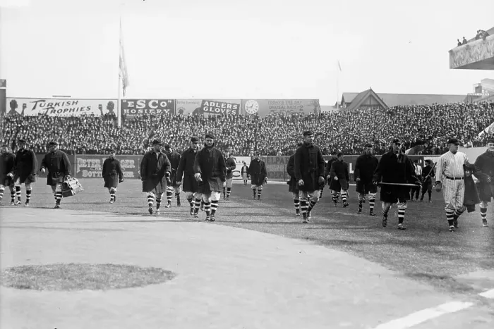 Framed Print : New York Giants walk onto the field at the Polo Grounds New York prior to Game One of the 1912.... Creator: Bain News Service Framed Print : New York Giants walk onto the field at the Polo Grounds New York prior to Game One of the 1912.... Creator: Bain News Service