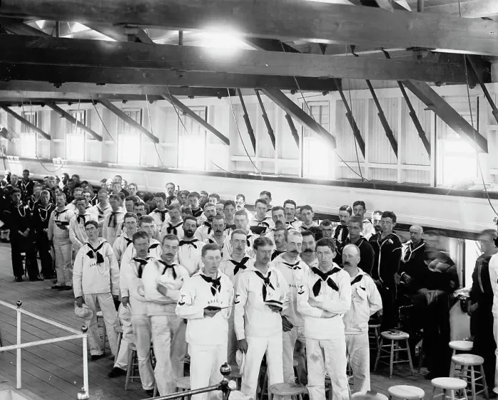 Framed Print : New York Naval Reserves at church service on U.S.S. NewHampshire, between 1890 and 1901. Creator: Unknown Framed Print : New York Naval Reserves at church service on U.S.S. NewHampshire, between 1890 and 1901. Creator: Unknown