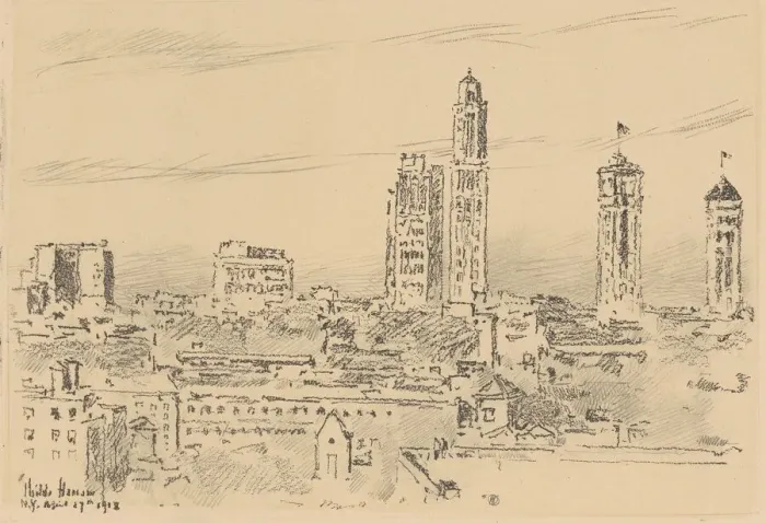 Framed Print : New York Sky Line, Light Buildings, 1918. Creator: Frederick Childe Hassam Framed Print : New York Sky Line, Light Buildings, 1918. Creator: Frederick Childe Hassam