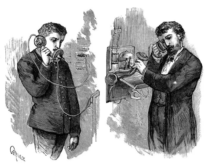 Framed Print : New York telephone subscriber making call through operator at telephone exchange, 1883 Framed Print : New York telephone subscriber making call through operator at telephone exchange, 1883