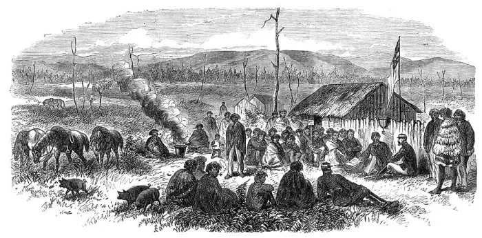 Framed Print : The New Zealand Chief, William Thompson, negotiating with Brigadier-General Carey, 1865. Creator: Unknown Framed Print : The New Zealand Chief, William Thompson, negotiating with Brigadier-General Carey, 1865. Creator: Unknown