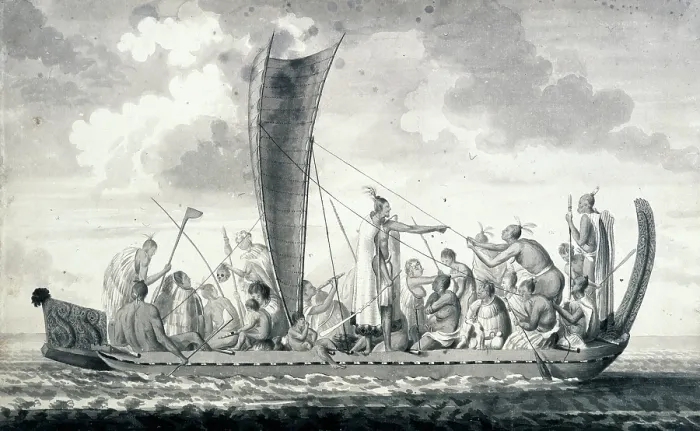 Framed Print : A New Zealand war canoe with sail, 1768-1780. Creator: Unknown Framed Print : A New Zealand war canoe with sail, 1768-1780. Creator: Unknown
