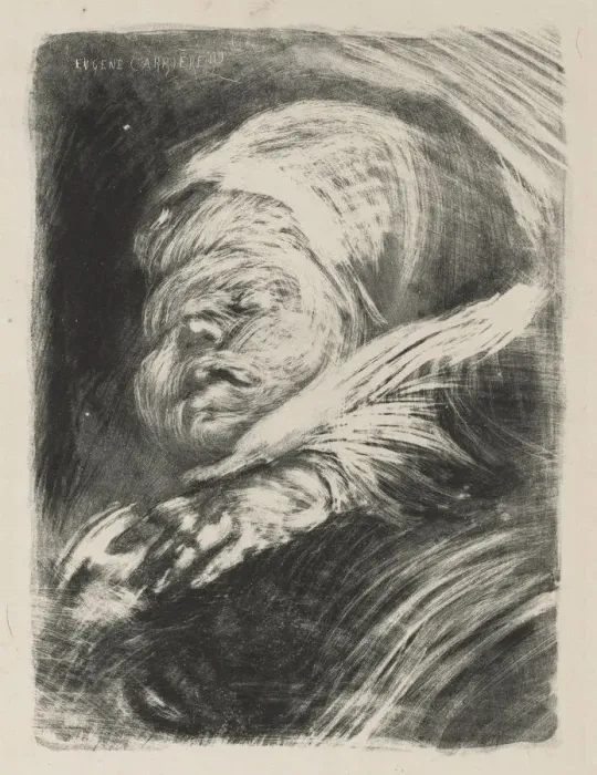 Framed Print : Newborn in a Bonnet (Le nouveau-ne au bonnet], 1890. Creator: Eugene Carriere