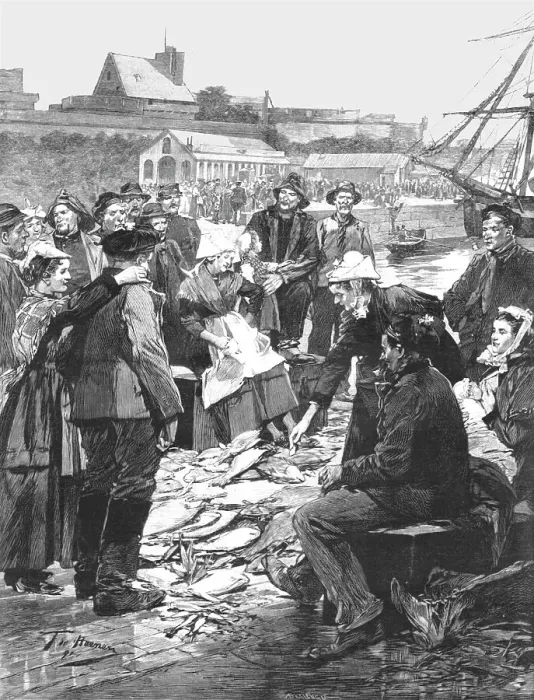 Framed Print : The Newfoundland Cod Fishery; The Distribution of Dried Fish on the Quay at St. Malo... 1891. Creator: Unknown Framed Print : The Newfoundland Cod Fishery; The Distribution of Dried Fish on the Quay at St. Malo... 1891. Creator: Unknown