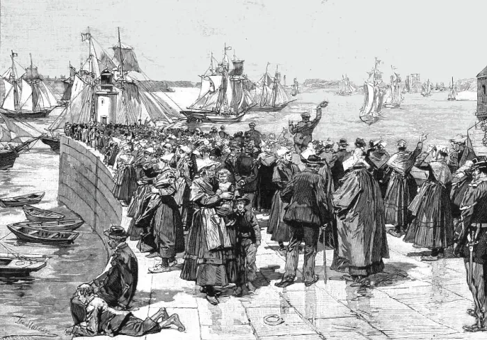 Framed Print : The Newfoundland Cod Fishery; The Fishing-Fleet Leaving for the Banks, 1891. Creator: Unknown Framed Print : The Newfoundland Cod Fishery; The Fishing-Fleet Leaving for the Banks, 1891. Creator: Unknown