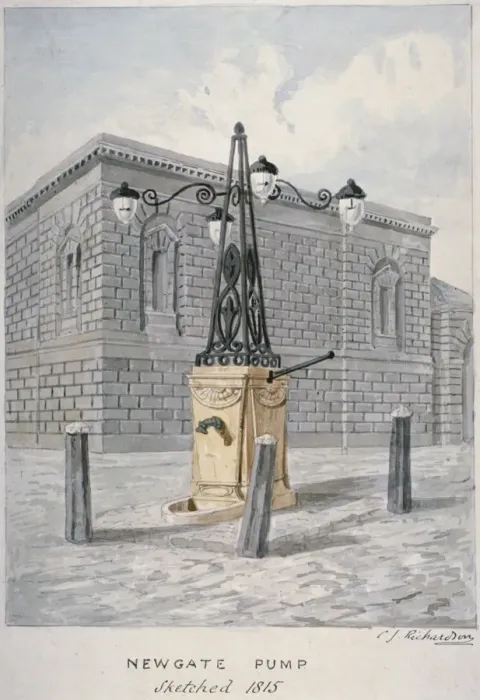 Framed Print : Newgate Pump, Old Bailey with Newgate Prison in the background, City of London, 1815 Framed Print : Newgate Pump, Old Bailey with Newgate Prison in the background, City of London, 1815