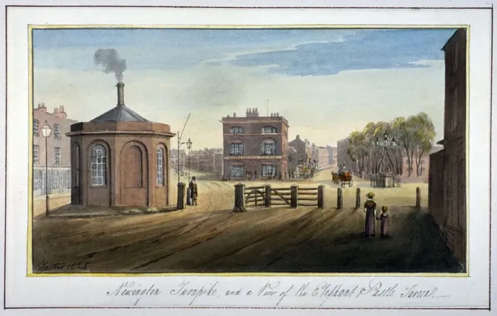 Framed Print : Newington Turnpike on Newington Causeway, Southwark, London, 1825. Artist: G Yates Framed Print : Newington Turnpike on Newington Causeway, Southwark, London, 1825. Artist: G Yates