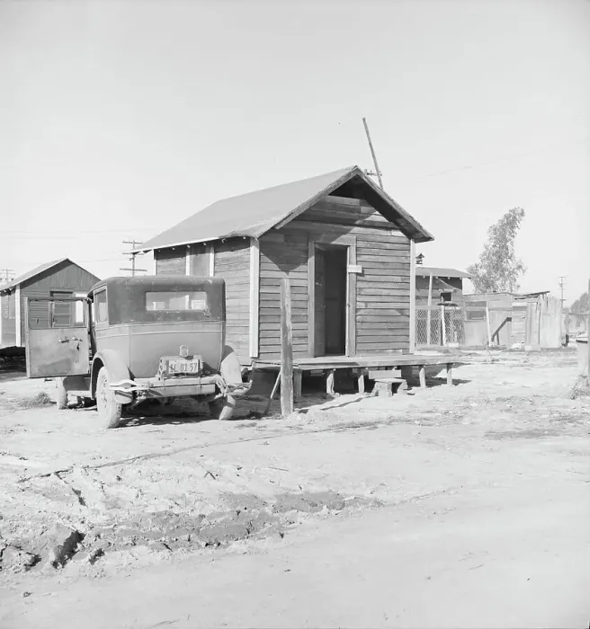 Framed Print : Newly-built cabins, rent five dollars per month, near Bakersfield, California, 1939. Creator: Dorothea Lange Framed Print : Newly-built cabins, rent five dollars per month, near Bakersfield, California, 1939. Creator: Dorothea Lange