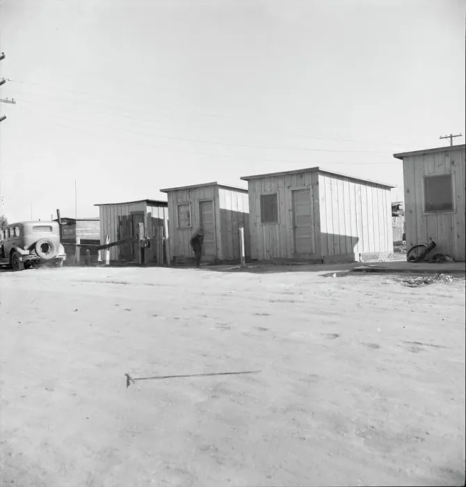 Framed Print : Newly-built cabins, rent five dollars per month, near Bakersfield, California, 1939. Creator: Dorothea Lange Framed Print : Newly-built cabins, rent five dollars per month, near Bakersfield, California, 1939. Creator: Dorothea Lange