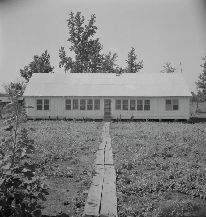 Framed Print : Newly erected community house at the Delta cooperative farm, Hillhouse, Mississippi, 1937. Creator: Dorothea Lange Framed Print : Newly erected community house at the Delta cooperative farm, Hillhouse, Mississippi, 1937. Creator: Dorothea Lange