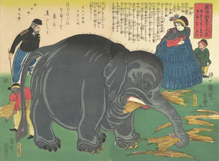 Framed Print : Newly Imported Great Elephant, 2nd month, 1863. 2nd month, 1863. Creator: Ichiryusai Yoshitoyo Framed Print : Newly Imported Great Elephant, 2nd month, 1863. 2nd month, 1863. Creator: Ichiryusai Yoshitoyo