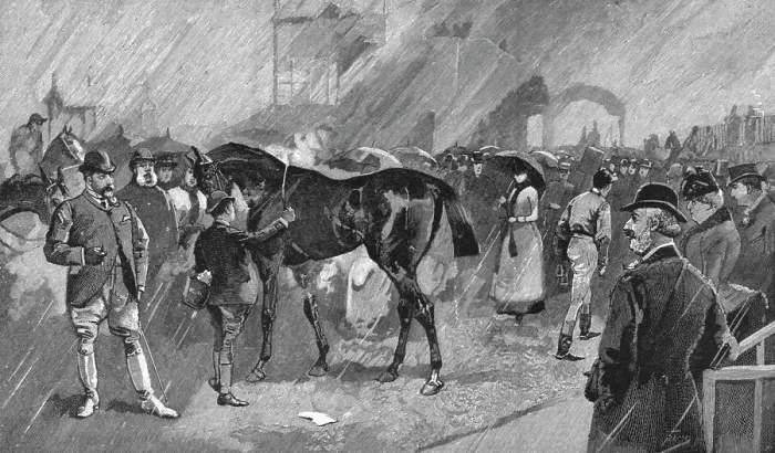 Framed Print : The Newmarket October Meeting -- The Birdcage on a Rainy Day, 1891. Creator: Unknown Framed Print : The Newmarket October Meeting -- The Birdcage on a Rainy Day, 1891. Creator: Unknown