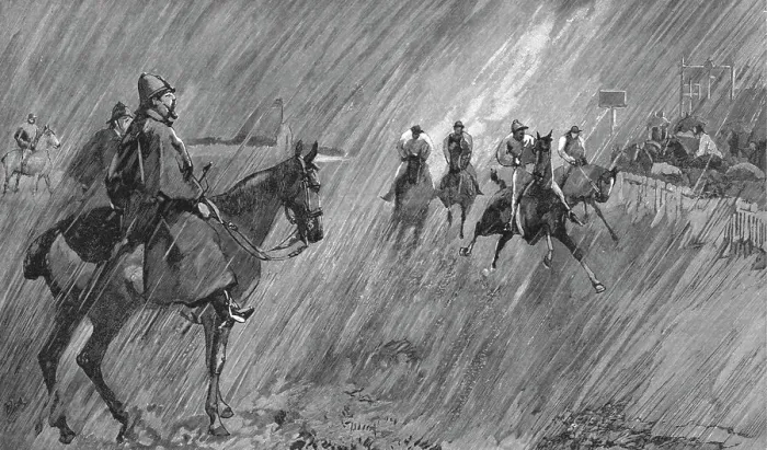 Framed Print : The Newmarket October Meeting -- Racing in Wind and Rain; rain on the Course, 1891. Creator: Unknown Framed Print : The Newmarket October Meeting -- Racing in Wind and Rain; rain on the Course, 1891. Creator: Unknown