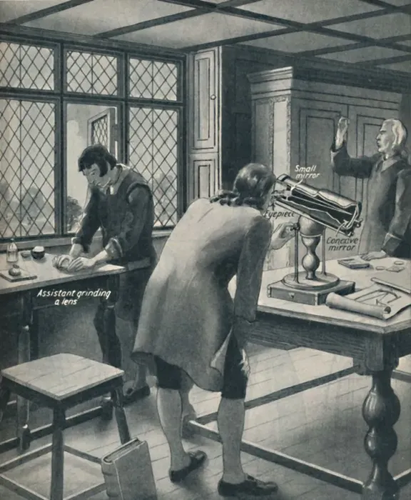 Framed Print : Newton Invents a New Telescope, c1934 Framed Print : Newton Invents a New Telescope, c1934