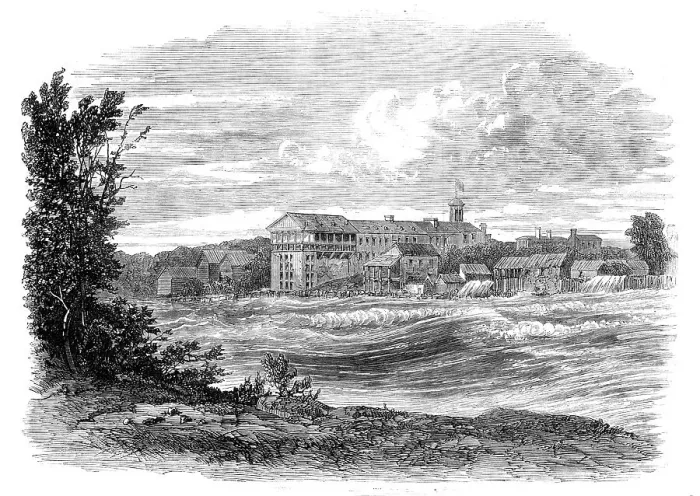 Framed Print : Niagara Falls Village: the Rapids above the American Falls - from a drawing by our special... 1860. Creator: Unknown