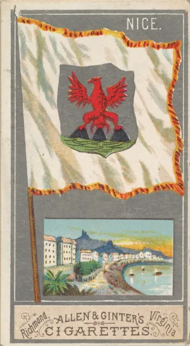 Framed Print : Nice, from the City Flags series (N6) for Allen & Ginter Cigarettes Brands, 1887 Framed Print : Nice, from the City Flags series (N6) for Allen & Ginter Cigarettes Brands, 1887