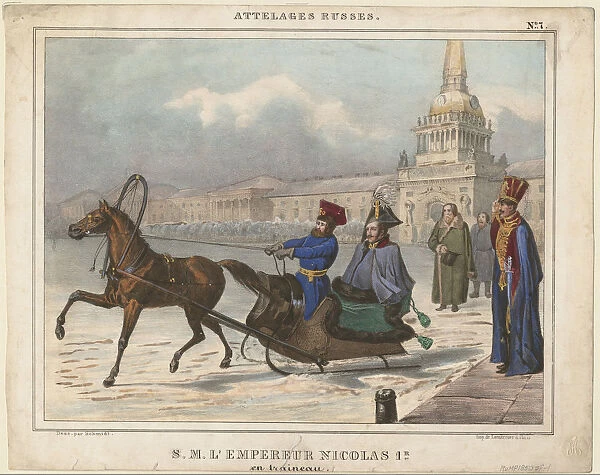 Nicholas I of Russia in a sleigh, 1850. Artist: Anonymous
