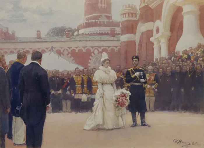 Framed Print : Nicholas II receiving rural district elders on May 18, 1896 in the yard of Petrovsky Palace in Moscow, 1897. Artist: Repin, Ilya Yefimovich (1844-1930) Framed Print : Nicholas II receiving rural district elders on May 18, 1896 in the yard of Petrovsky Palace in Moscow, 1897. Artist: Repin, Ilya Yefimovich (1844-1930)