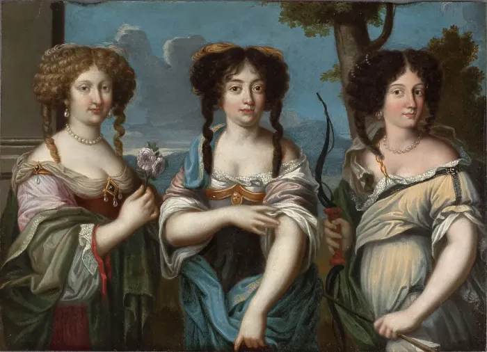 Framed Print : Three nieces of Cardinal Mazarin: Olympia (L), Hortense (Center) and Marie Mancini (R), 17th cent. Creator: Anonymous () Framed Print : Three nieces of Cardinal Mazarin: Olympia (L), Hortense (Center) and Marie Mancini (R), 17th cent. Creator: Anonymous ()