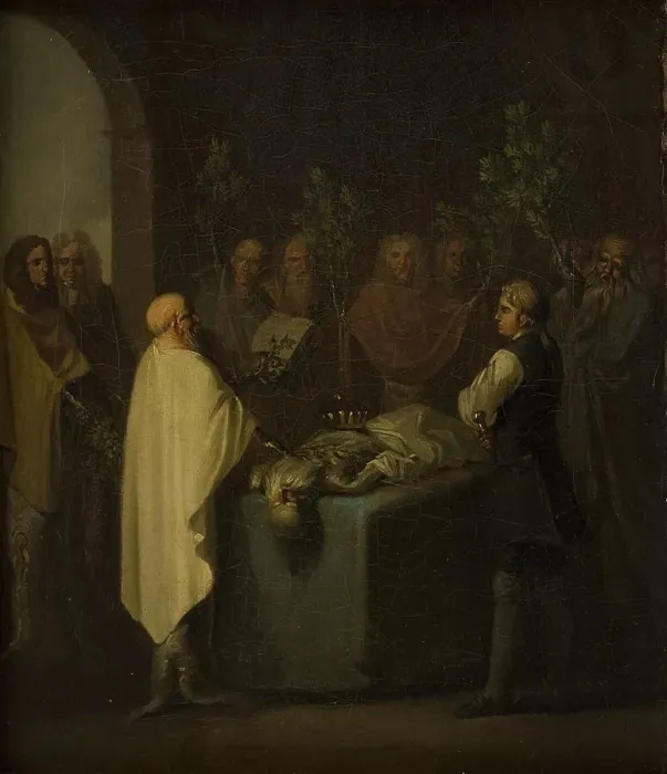 Framed Print : Niels Klim Attends the Sentencing of the Deceased Potuan Prince. 1785-1787. Creator: Nicolai Abraham Abildgaard Framed Print : Niels Klim Attends the Sentencing of the Deceased Potuan Prince. 1785-1787. Creator: Nicolai Abraham Abildgaard