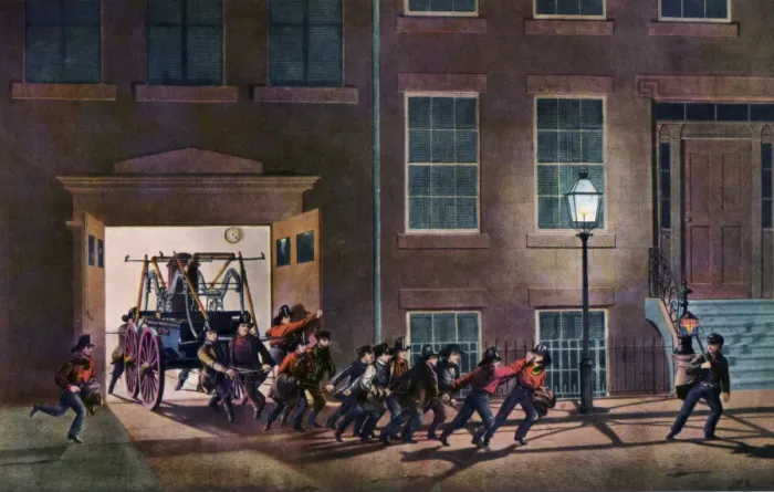Framed Print : The Night Alarm, The Life of a Fireman, 1854. Artist: Nathaniel Currier Framed Print : The Night Alarm, The Life of a Fireman, 1854. Artist: Nathaniel Currier