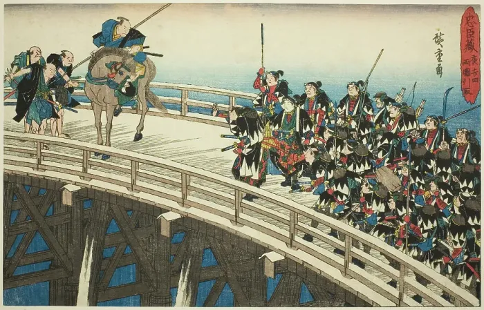 Framed Print : The Night Attack, Part 4 [sic; actually 5]: The Retreat across Ryogoku Bridge (Youch... c. 1834 / 39. Creator: Ando Hiroshige)