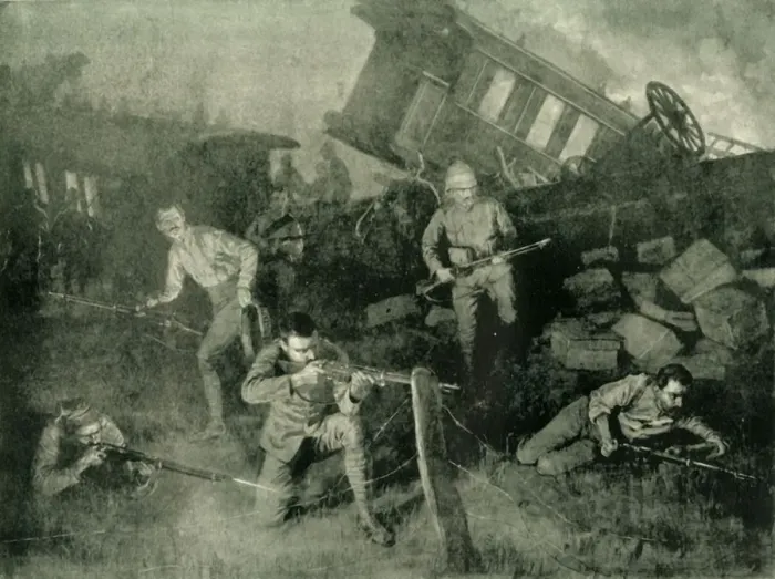 Framed Print : A Night Attack: Defending a Train Derailed by the Boers, 1902. Creator: Frank Dadd Framed Print : A Night Attack: Defending a Train Derailed by the Boers, 1902. Creator: Frank Dadd